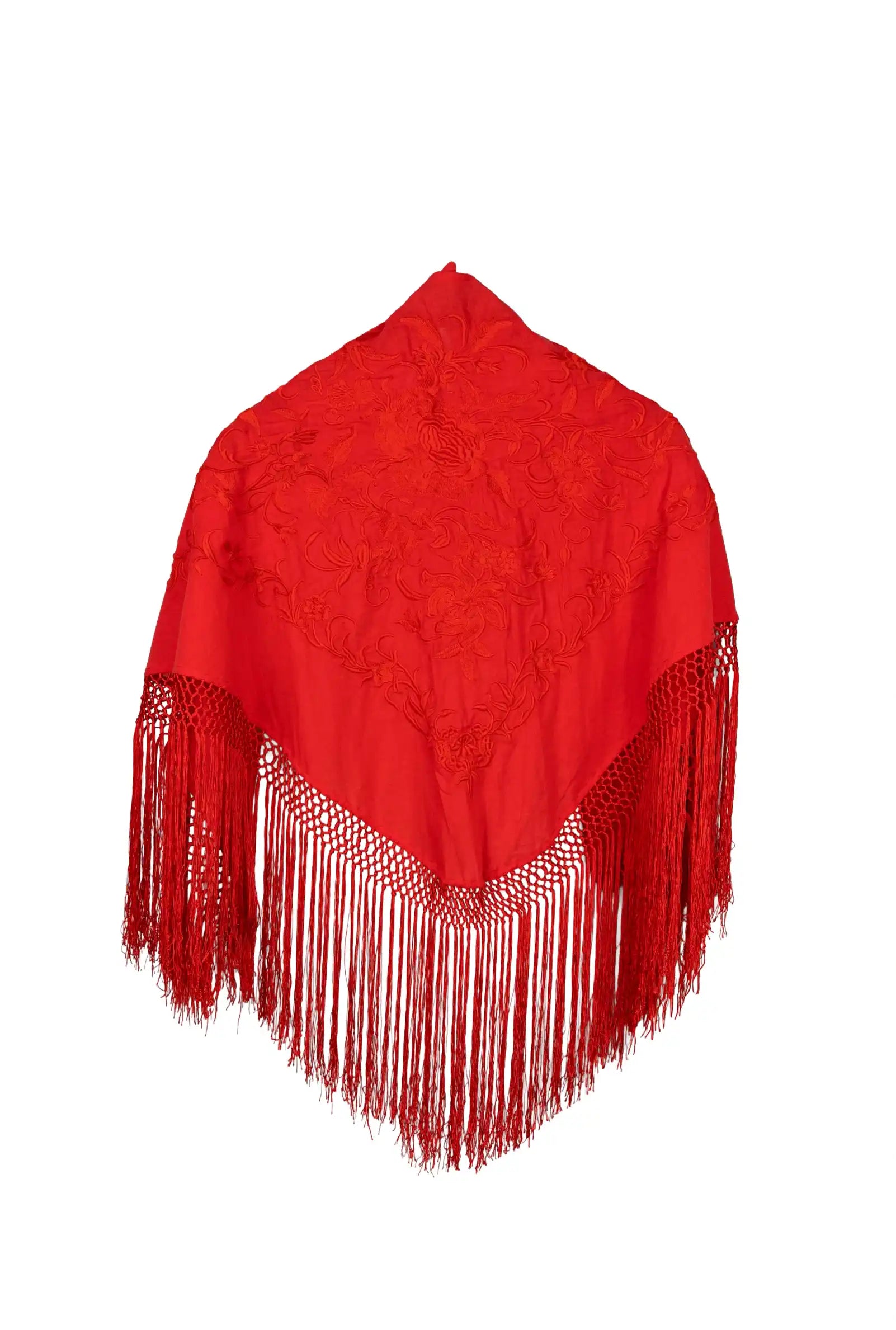 Mantoncillo color rojo con bordado y flecos