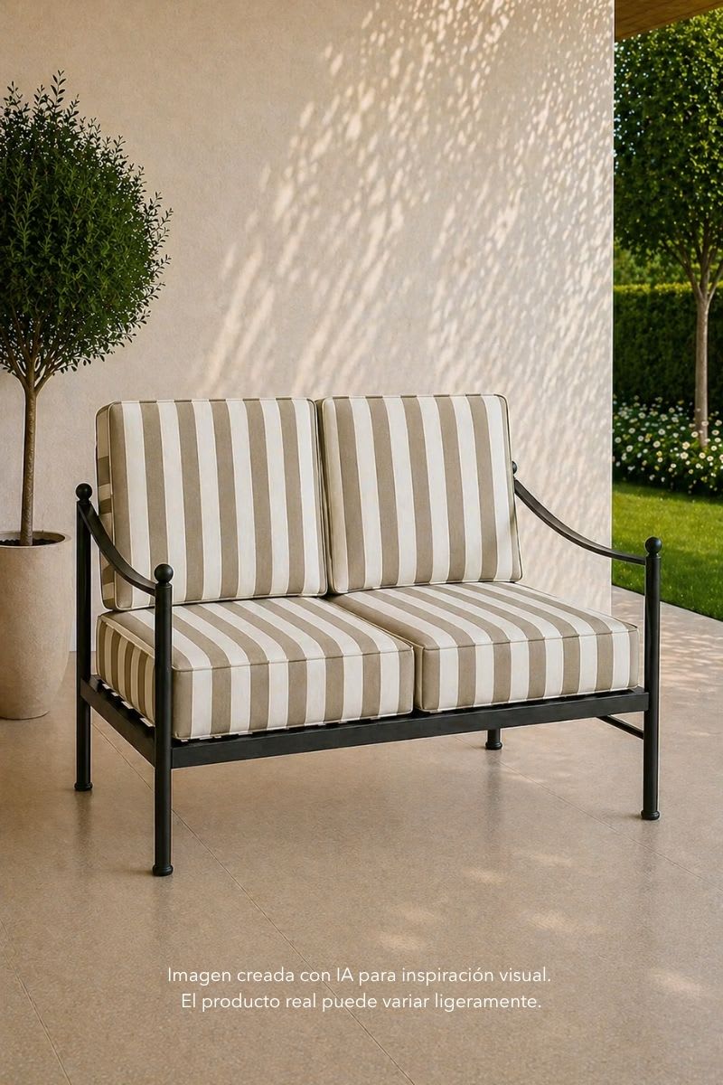 Mockup generado con IA del tejido de lona para toldos en un sofá de exterior