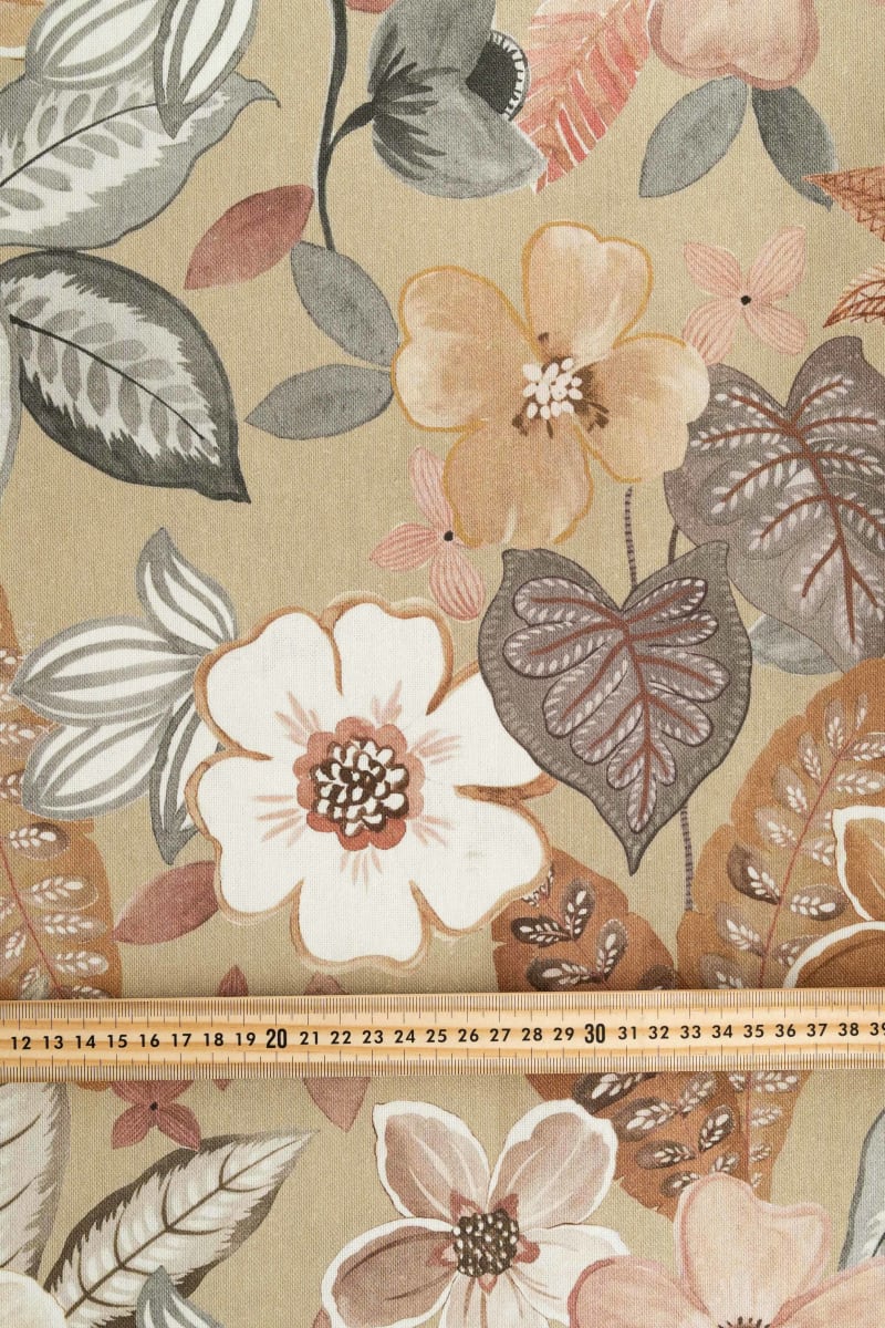 Loneta floral floral y hojas gris