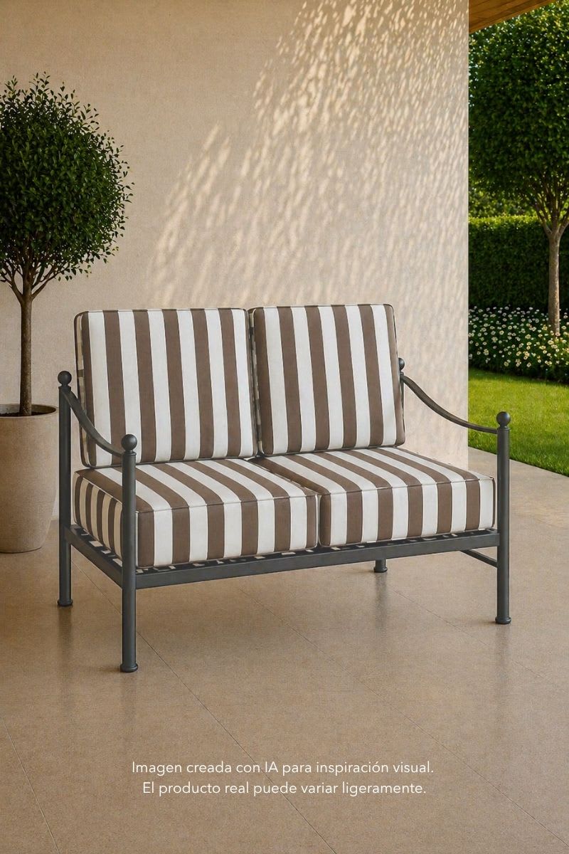Mockup generado con IA del tejido de lona para toldos en un sofá de exterior