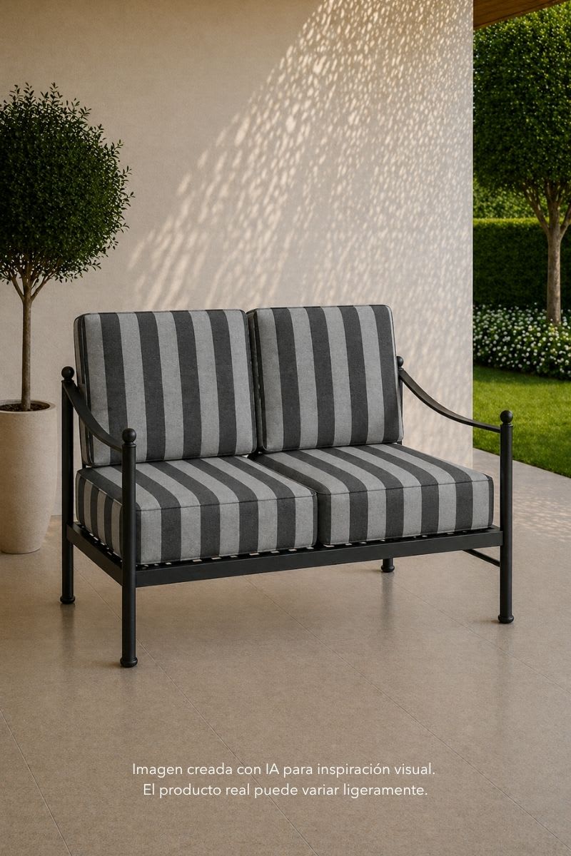 Mockup generado con IA del tejido de lona para toldos en un sofá de exterior